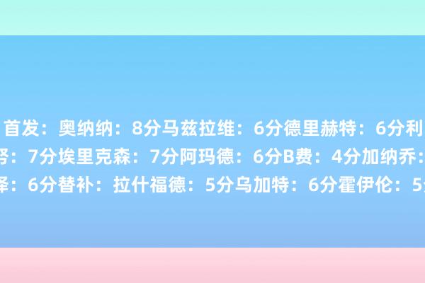 首发：奥纳纳：8分马兹拉维：6分德里赫特：6分利马：7分达洛特：7分梅努：7分埃里克森：7分阿玛德：6分B费：4分加纳乔：6分都尔克泽：6分替补：拉什福德：5分乌加特：6分霍伊伦：5分主帅：滕哈赫：6分    体育录像/图片